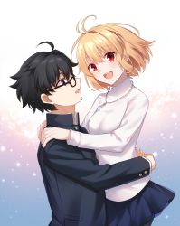 Rule 34 | 1boy, 1girl, ahoge, antenna hair, arcueid brunestud, black-framed eyewear, black eyes, black hair, black jacket, blonde hair, blue skirt, buttons, carrying, carrying person, commentary request, glasses, hair between eyes, hands on another&#039;s hips, hands on another&#039;s shoulders, highres, hug, jacket, jewelry, long sleeves, looking at another, looking at viewer, looking up, miniskirt, necklace, nemu mohu, open mouth, profile, red eyes, school uniform, short hair, single hair intake, skirt, smile, sweater, teeth, tohno shiki, tsukihime, tsukihime (remake), turtleneck, turtleneck sweater, uppercut, white sweater