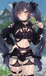 Rule 34 | 1girl, absurdres, alternate costume, aqua eyes, black shirt, black shorts, blurry, blurry background, blush, breasts, choker, clothing cutout, cowboy shot, cropped hoodie, drawstring, earrings, fishnet thighhighs, fishnets, genshin impact, goth fashion, hair ornament, hand on own hip, heart o-ring, highres, hood, hoodie, jewelry, long hair, looking at viewer, mismatched earrings, mona (genshin impact), multiple earrings, multiple rings, navel, navel piercing, outdoors, parted lips, piercing, revision, ring, shirt, shorts, small breasts, solo, spiked choker, spikes, standing, stomach, thigh strap, thighhighs, torn clothes, torn shorts, twintails, v-shaped eyebrows, very long hair, vitaminechan, x hair ornament