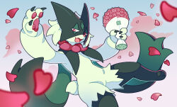 Rule 34 | absurdres, animal nose, body fur, bouquet, claws, commentary, creatures (company), english commentary, flower, furry, game freak, green fur, highres, holding, holding bouquet, looking at viewer, magicact, meowscarada, nintendo, open mouth, pawpads, petals, pink flower, pokemon, pokemon (creature), red eyes, solo, tail