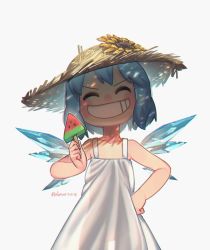 Rule 34 | 1girl, artist name, backlighting, blue hair, cirno, commentary, cowboy shot, dated, dress, english commentary, closed eyes, facing viewer, flower, food, grin, hand on own hip, hat, hat flower, highres, holding, holding food, ice, ice wings, popsicle, porforever, see-through silhouette, short hair, simple background, sleeveless, sleeveless dress, smile, solo, standing, straw hat, sundress, sunflower, touhou, v-shaped eyebrows, watermelon bar, white background, white dress, wings