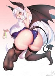 Rule 34 | 1girl, ass, black thighhighs, blush, breasts, buruma, demon girl, demon horns, demon tail, demon wings, feet, hair over one eye, horns, looking at viewer, looking back, open mouth, pointy ears, short hair, signature, solo, suertee34, suggestive, tail, thighhighs, wings