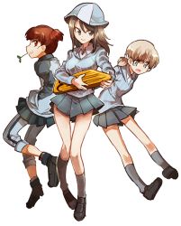 Rule 34 | 10s, 3girls, aki (girls und panzer), ankle boots, arms behind back, bad id, bad pixiv id, blue footwear, blue shirt, blue skirt, boots, brown eyes, brown hair, dress shirt, full body, girls und panzer, green eyes, grey legwear, grey skirt, grin, hair tie, hands in pockets, hat, instrument, kantele, leaning forward, light brown hair, loafers, long hair, long sleeves, looking at another, mika (girls und panzer), mikko (girls und panzer), miniskirt, multiple girls, oono imo, open mouth, pants, pants rolled up, pants under skirt, pleated skirt, red eyes, school uniform, shirt, shoes, short hair, short twintails, skirt, smile, socks, standing, striped clothes, striped shirt, track jersey, track pants, track suit, twintails, vertical-striped clothes, vertical-striped shirt, white shirt