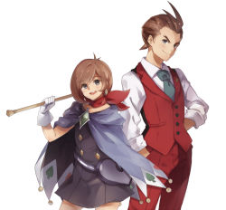 Rule 34 | 1boy, 1girl, ace attorney, apollo justice, apollo justice: ace attorney, blue eyes, blue necktie, brown eyes, brown hair, capcom, cape, earrings, gloves, jewelry, looking at viewer, magician, necktie, open mouth, pants, red pants, scarf, sharlorc, short hair, trucy wright, vest