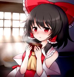 Rule 34 | 1girl, arm ribbon, ascot, black hair, blush, bow, bowl, breasts, day, food, frilled bow, frilled shirt collar, frills, hair bow, hair tubes, hakurei reimu, holding, holding bowl, indoors, light rays, looking afar, parted lips, red eyes, red shirt, ribbon, room, shiohachi, shirt, short hair, sleeveless, sleeveless shirt, small breasts, solo, soup, steam, sunlight, touhou, window
