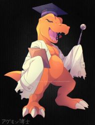 Rule 34 | agumon hakase, black background, black hat, claws, colored skin, digimon, digimon (creature), hat, highres, holding, jacket, long sleeves, no humans, open mouth, orange skin, sharp teeth, shoupitsuki, solo, standing, striped, striped background, teeth, tongue, torn clothes, torn sleeves, translation request, white jacket