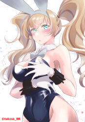 Rule 34 | 1girl, alternate costume, animal ears, black leotard, blonde hair, blue eyes, bow, bowtie, breasts, commentary request, cowboy shot, detached collar, gambier bay (kancolle), gloves, highres, kantai collection, large breasts, leotard, long hair, looking at viewer, pantyhose, playboy bunny, rabbit ears, solo, strapless, strapless leotard, tsukasa (tukasa br), twintails, twitter username, white bow, white bowtie, white gloves, wrist cuffs