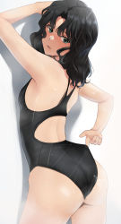 Rule 34 | 1girl, adjusting clothes, adjusting swimsuit, against wall, amagami, ass, black eyes, black hair, black one-piece swimsuit, breasts, competition swimsuit, cowboy shot, from behind, highres, looking at viewer, looking back, medium breasts, medium hair, messy hair, one-piece swimsuit, parted bangs, solo, swimsuit, tanamachi kaoru, wedgie, yoo tenchi
