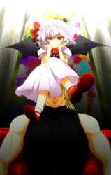 Rule 34 | 1boy, 1girl, ascot, crossover, dio brando, dress, earrings, frown, hat, hat ribbon, head rest, honchu, jewelry, jojo no kimyou na bouken, crossed legs, mob cap, muscular, puffy short sleeves, puffy sleeves, red eyes, remilia scarlet, ribbon, ribbon-trimmed sleeves, ribbon trim, short sleeves, sitting, sitting on head, sitting on person, touhou, white dress, white hair, wings