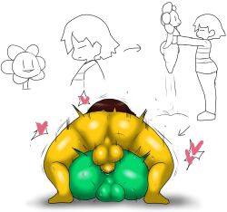 Rule 34 | 2boys, anal, ass, brown hair, colored skin, doggystyle, enigi09, flowey (undertale), frisk (undertale), grabbing, heart, height difference, highres, huge ass, interspecies, looking at viewer, looking back, male focus, male penetrated, medium hair, multiple boys, multiple views, on person, sex, sex from behind, simple background, size difference, speech bubble, testicles, undertale, white background, yaoi, yellow skin