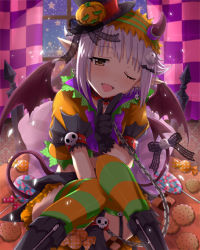 Rule 34 | 10s, 1girl, :d, bat wings, blush, boots, brown eyes, candy, chain, checkerboard cookie, collar, cookie, cuffs, fang, food, ghost, gloves, grey hair, hair ornament, hairclip, halloween, idolmaster, idolmaster cinderella girls, koshimizu sachiko, lollipop, one eye closed, open mouth, pointy ears, ruku (ruku 5050), short hair, skirt, skull, smile, solo, striped clothes, striped thighhighs, swirl lollipop, tail, thighhighs, wings, wink