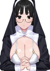 Rule 34 | 1girl, absurdres, black eyes, black hair, blush, bra, breasts, cleavage, commentary request, fffukuzawa, glasses, highres, large breasts, long sleeves, looking at viewer, nun, original, own hands clasped, own hands together, semi-rimless eyewear, simple background, solo, underwear, upper body, veil, white background, white bra