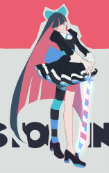 Rule 34 | 10s, 1girl, bad id, bad pixiv id, colored inner hair, dress, female focus, full body, hair ribbon, lolita fashion, long hair, long sleeves, multicolored hair, okomeuma, one eye closed, panty &amp; stocking with garterbelt, ribbon, shoes, short dress, single thighhigh, smile, solo, spot color, standing, stocking (psg), striped clothes, striped thighhighs, stripes i &amp; ii, sword, thighhighs, two-tone hair, weapon, wink