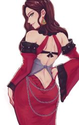 Rule 34 | 1girl, ass, bare shoulders, brown hair, butt crack, chain, cowboy shot, dorothea arnault, earrings, fire emblem, fire emblem: three houses, from behind, green eyes, hand on own hip, iahfy, jewelry, long hair, long sleeves, nintendo, parted lips, profile, shoulder blades, simple background, smile, solo, white background, wide sleeves