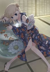 Rule 34 | 1girl, bare shoulders, blonde hair, blue eyes, blue kimono, bubble, bug, butterfly, detached sleeves, earrings, face, feet, fish, flower, goldfish, hair ornament, hairclip, heart, insect, japanese clothes, jewelry, kimono, leaf, legs, licking lips, lotus, non-web source, obi, original, sandals, sash, solo, star (symbol), tiv, toes, tongue, tongue out, yukata