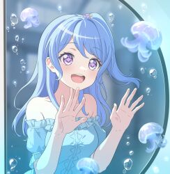 Rule 34 | 1girl, air bubble, aquarium, bang dream!, blue hair, blue shirt, blush, bubble, commentary, english commentary, fries vanquisher, frilled shirt, frills, highres, jellyfish, long hair, matsubara kanon, off-shoulder shirt, off shoulder, one side up, open mouth, purple eyes, shirt, short sleeves, solo, star-shaped pupils, star (symbol), symbol-shaped pupils, teeth, upper teeth only