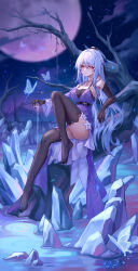 Rule 34 | 1girl, absurdres, bare shoulders, bare tree, black gloves, black thighhighs, blue hair, bug, butterfly, commentary request, cup, detached sleeves, dress, elbow gloves, gloves, highres, holding, holding cup, honkai: star rail, honkai (series), insect, jingliu (honkai: star rail), knee up, long hair, looking at viewer, night, night sky, no shoes, outdoors, pouring, purple dress, red eyes, sitting, sky, sleeveless, sleeveless dress, solo, thighhighs, thighs, tree, very long hair, yelan xing xuan