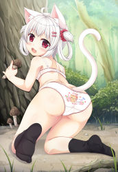 Rule 34 | 1girl, :3, :d, ahoge, animal ears, animal print, ass, bare arms, bare shoulders, black socks, blush, bra, cat ears, cat panties, cat print, cat tail, clothes writing, commentary request, day, feet, fingernails, forest, hair ornament, hair rings, hair scrunchie, highres, holding, kneehighs, kneeling, looking at viewer, looking back, mushroom, nature, no shoes, on ground, open mouth, original, outdoors, panties, polka dot, polka dot scrunchie, print panties, red eyes, red scrunchie, sakuraba hikaru (loveindog), scrunchie, shoulder blades, silver hair, smile, socks, soles, solo, sugimura runa, tail, text on panties, tree, two side up, underwear, underwear only, white bra, white panties