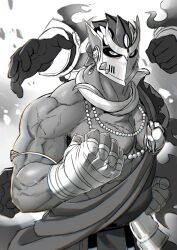 Rule 34 | 1boy, armlet, bandaged wrist, bandages, bara, bare shoulders, bead necklace, beads, clenched hands, cowboy shot, earrings, extra arms, helmet, highres, jewelry, looking at viewer, male focus, monochrome, muscular, muscular male, necklace, rao (live-w), scar, scar on chest, scar on shoulder, shiva (housamo), solo, telekinesis, tokyo houkago summoners, umbrakinesis, veins, veiny arms