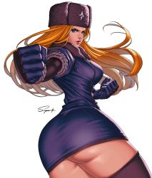 Rule 34 | 1girl, artist name, ass, blonde hair, blue eyes, breasts, buttons, capcom, clenched hands, closed mouth, commentary, commission, fur hat, fur trim, gloves, hat, highres, kolin, lips, loincloth, long hair, looking at viewer, medium breasts, russian clothes, shiny skin, signature, simple background, skirt, solo, street fighter, street fighter v, superbull, thighhighs, thighs, twisted torso, ushanka, white background