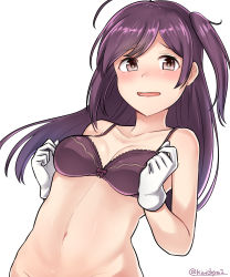 Rule 34 | 1girl, absurdres, ahoge, bare shoulders, blush, bottomless, bow, bow bra, bra, breasts, cleavage, collarbone, embarrassed, gloves, groin, hagikaze (kancolle), highres, kantai collection, kiritto, long hair, looking at viewer, medium breasts, navel, nervous smile, nose blush, one side up, out-of-frame censoring, purple bow, purple bra, purple hair, raised eyebrows, shiny skin, simple background, smile, solo, stomach, straight hair, swept bangs, underwear, underwear only, upper body, wavy mouth, white background, white gloves