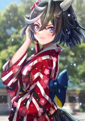 Rule 34 | 1girl, animal ears, black hair, blue bow, blue eyes, blurry, blurry background, blush, bow, closed mouth, clothing cutout, commentary request, ear covers, floral print, floral print kimono, from side, hair between eyes, hair ornament, highres, horse ears, horse girl, horse tail, japanese clothes, katsuragi ace (umamusume), kimono, looking at viewer, looking to the side, medium hair, multicolored hair, obi, otono (bkt4b), outdoors, ponytail, sash, solo, streaked hair, striped clothes, striped kimono, tail, tail through clothes, umamusume, upper body, white hair