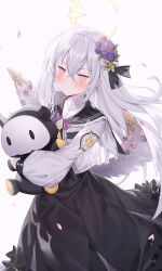 Rule 34 | 1girl, absurdres, azusa (blue archive), black dress, black sailor collar, blue archive, closed mouth, dress, feathered wings, flower, grey hair, hair between eyes, hair flower, hair ornament, halo, highres, hugging object, jacket, jitome, long sleeves, looking at viewer, low wings, open clothes, open jacket, petals, pink background, pink eyes, pink flower, pink rose, puffy long sleeves, puffy sleeves, purple flower, roi (liu tian), rose, sailor collar, simple background, solo, stuffed toy, white jacket, white wings, wings