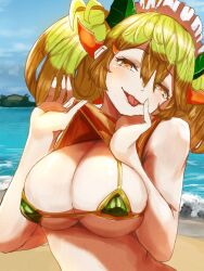 Rule 34 | 1girl, beach, bikini, blurry, blurry background, breasts, cleavage, clothes lift, commentary request, dragon girl, dragon horns, duel monster, green bikini, green hair, highres, horns, howluna, large breasts, long hair, maid headdress, ocean, orange eyes, orange shirt, parlor dragonmaid, sand, shirt, shirt lift, solo, swimsuit, tongue, tongue out, twintails, upper body, yu-gi-oh!
