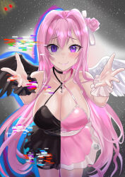 Rule 34 | 1girl, alternate costume, black dress, black wings, blush, breasts, buhiko, cleavage, collarbone, crying, dorothy (nikke), dorothy (nostalgia) (nikke), dress, facing viewer, feathered wings, glitch, goddess of victory: nikke, hair between eyes, highres, large breasts, long hair, looking at viewer, official alternate costume, outstretched arms, pink dress, pink hair, purple eyes, solo, split theme, streaming tears, tears, two-tone dress, white wings, wings