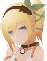Rule 34 | 1girl, black hairband, black ribbon, blonde hair, blue eyes, bow, choker, closed mouth, collarbone, edna (tales), frown, green bow, green ribbon, hair between eyes, hair bow, hair ribbon, hairband, isa (peien516), looking at viewer, off shoulder, portrait, ribbon, ribbon choker, short hair, side ponytail, sleeveless, solo, tales of (series), tales of zestiria