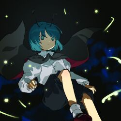 Rule 34 | 1girl, antennae, black skirt, blue eyes, blue hair, bright pupils, cape, closed mouth, commentary request, flat chest, frilled skirt, frilled sleeves, frills, kaigen 1025, long sleeves, mary janes, red footwear, shirt, shoes, short hair, skirt, socks, solo, touhou, two-sided cape, two-sided fabric, white shirt, white socks, wriggle nightbug, yellow pupils