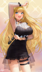 Rule 34 | 1girl, :d, arm under breasts, arm up, armpits, black dress, black ribbon, blonde hair, blue eyes, blush, breasts, cowboy shot, dress, earrings, unworn eyewear, fake facial hair, fake mustache, frills, highres, holding, holding removed eyewear, hololive, hololive english, jewelry, large breasts, long hair, looking at viewer, mole, mole on breast, nhaliz, official alternate costume, official alternate hairstyle, open mouth, patreon username, ribbon, see-through, signature, smile, solo, sparkle background, sunglasses, thigh strap, v-shaped eyebrows, virtual youtuber, watch, watson amelia, watson amelia (party dress), wristwatch, yellow background