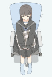 Rule 34 | 1girl, black sailor collar, black serafuku, black shirt, black skirt, blue neckwear, blue socks, blunt bangs, brown eyes, brown hair, chair, closed mouth, commentary request, from above, full body, grey background, hair ornament, hairclip, highres, long hair, long sleeves, no shoes, office chair, on chair, original, pillow, plaid pillow, pleated skirt, puffy long sleeves, puffy sleeves, sailor collar, school uniform, serafuku, shadow, shirt, sitting, skirt, sleeves past wrists, socks, solo, swivel chair, usui harusame, v-shaped eyebrows