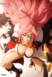 Rule 34 | 1girl, absurdres, artist name, baiken, big hair, breasts, cleavage, eyepatch, facial tattoo, glint, guilty gear, guilty gear strive, highres, katana, kellzallday, large breasts, parted lips, pink hair, ponytail, red eyes, shadow, solo, sword, tattoo, weapon