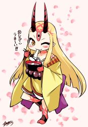 Rule 34 | 1girl, artist name, barefoot, blonde hair, bowl, chopsticks, commentary request, eating, facial mark, fate/grand order, fate (series), food, food in mouth, forehead mark, full body, highres, holding, holding bowl, holding chopsticks, horns, ibaraki douji (fate), japanese clothes, kimono, long hair, long sleeves, looking at viewer, mochi, obi, off shoulder, one eye closed, oni, oni horns, petals, pink background, pointy ears, sash, sidelocks, smile, solo, translated, wide sleeves, yamato nadeshiko, yellow eyes, zouni soup