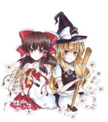 Rule 34 | 2girls, apron, black headwear, bow, broom, brown eyes, closed mouth, detached sleeves, frilled apron, frilled bow, frilled hair tubes, frills, green ribbon, hair between eyes, hair bow, hair tubes, hakurei reimu, hat, hat bow, holding, holding broom, kirisame marisa, long sleeves, marker (medium), midriff, multiple girls, neck ribbon, pleated skirt, red bow, red shirt, red skirt, ribbon, ribbon-trimmed sleeves, ribbon trim, shirt, short sleeves, simple background, skirt, sleeveless, sleeveless shirt, smile, standing, stomach, touhou, traditional media, uro (m369), waist apron, white apron, white background, white bow, white shirt, white sleeves, wide sleeves, witch hat