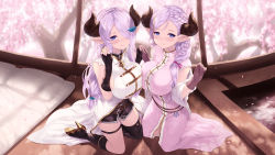 Rule 34 | 2girls, asymmetrical gloves, blush, braid, breasts, cait aron, cleavage, collarbone, draph, dress, elbow gloves, gloves, granblue fantasy, hair ornament, hair over one eye, hairclip, highres, horns, large breasts, laruna (granblue fantasy), long hair, mother and daughter, multiple girls, narmaya (granblue fantasy), pink hair, pointy ears, short dress, sitting, smile, thighs, uneven gloves