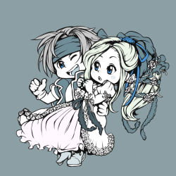 Rule 34 | 1990s (style), 1boy, 1girl, alternate costume, azito7, bad id, bad pixiv id, blonde hair, blue eyes, boots, bow, carrying, celes chere, chibi, couple, dress, final fantasy, final fantasy vi, flower, frills, gloves, grey hair, hair bow, hair flower, hair ornament, hairband, hetero, high heels, jacket, locke cole, one eye closed, open mouth, retro artstyle, ribbon, rose, shoes, simple background, smile, thumbs up, veil, wedding dress, wink