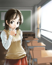 Rule 34 | 1girl, :o, arm behind back, bad id, bad pixiv id, breasts, brown eyes, brown hair, chair, classroom, collared shirt, desk, female focus, fingernails, hand up, indoors, long sleeves, looking at viewer, open mouth, original, pirano, pleated skirt, red skirt, school, school desk, school uniform, shirt, short hair, skirt, solo, sunlight, sweater, sweater vest, table, white shirt, window