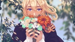 Rule 34 | 1girl, artist name, blonde hair, blue eyes, blurry, blurry background, blurry foreground, dated, depth of field, fallingmist, flower, genshin impact, hair between eyes, holding, holding flower, jacket, jean (genshin impact), leaf, looking at viewer, solo