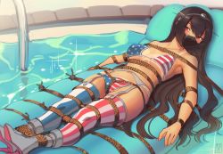Rule 34 | 1girl, alternate costume, american flag bikini, american flag legwear, asymmetrical legwear, bdsm, bikini, black hair, bondage, bound, breasts, cloth gag, commission, flag print, gag, gagged, garter belt, headgear, highres, improvised gag, kaddo, kantai collection, large breasts, long hair, lying, mismatched legwear, nagato (kancolle), navel, on back, red eyes, rope, solo, striped clothes, striped thighhighs, swimsuit, tan, thighhighs, vertical-striped clothes, vertical-striped thighhighs