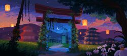 Rule 34 | architecture, building, city, cloud, cloudy sky, commentary, crescent moon, dusk, east asian architecture, english commentary, flower, grass, jubilee (8pxl), moon, mountain, night, night sky, no humans, original, outdoors, path, pixel art, plant, portal (object), power lines, road, scenery, sky, star (sky), torii, tree, utility pole, vines, white flower