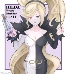 1girl absurdly_long_hair absurdres bare_shoulders black_eyes blonde_hair border breasts character_name cleavage cup dated dress drinking_glass food fur_trim glass happy_birthday heterochromia high_ponytail highres hilda_(under_night_in-birth) holding holding_cup holding_food holding_pocky large_breasts long_dress long_hair looking_at_viewer multicolored_clothes multicolored_dress off-shoulder_dress off_shoulder pocky ponytail purple_background purple_lips red_eyes riho_funakubo smile solo swept_bangs twitter_username two-tone_dress under_night_in-birth very_long_hair white_border wine_glass