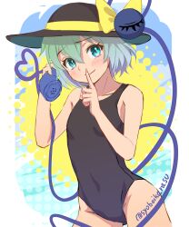 Rule 34 | 1girl, alternate costume, aqua eyes, breasts, collarbone, commentary request, contrapposto, covered navel, cowboy shot, finger to mouth, green hair, hair between eyes, hands up, hat, heart, heart of string, highres, index finger raised, komeiji koishi, one-piece swimsuit, shiroi karasu, shushing, simple background, small breasts, solo, swimsuit, third eye, touhou