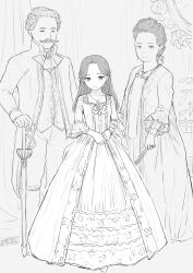 Rule 34 | 1boy, 2girls, absurdres, akipeko, blush, closed eyes, closed mouth, collarbone, commentary request, dot nose, dress, earrings, facial hair, family, father and daughter, forehead, formal, full body, greyscale, hand fan, highres, holding, holding fan, indoors, jewelry, king, light smile, long hair, long sleeves, looking at viewer, mirror, monochrome, mother and daughter, multiple girls, mustache, neckerchief, necklace, original, own hands together, paid reward available, princess, queen, scabbard, sheath, sketch, standing, sword, weapon