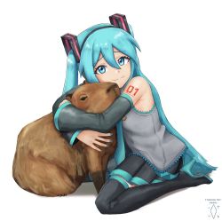 Rule 34 | 1girl, aqua hair, aqua necktie, black footwear, boots, capybara, commentary, dated, detached sleeves, digiral, english commentary, hair between eyes, hair ornament, hatsune miku, highres, hug, long hair, looking at viewer, nail polish, necktie, number tattoo, shoulder tattoo, signature, simple background, sitting, smile, solo, tattoo, thigh boots, twintails, very long hair, vocaloid, white background