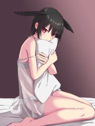 Rule 34 | 1girl, bare shoulders, black hair, blush, breasts, camisole, elfenlied22, fate/grand order, fate (series), gradient background, head wings, highres, looking at viewer, medium breasts, hugging object, ortlinde (fate), pillow, pillow hug, red eyes, see-through, short hair, sitting, solo, thighs, valkyrie (fate), wariza, wings