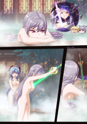 Rule 34 | 1boy, 3girls, absurdres, aether (genshin impact), bathing, blonde hair, blue hair, blush, breasts, colored pubic hair, completely nude, convenient censoring, drooling, female pubic hair, ganyu (genshin impact), genshin impact, hair down, half-closed eyes, highres, holding, holding sword, holding weapon, horns, human scabbard, japanese clothes, jealous, keqing (genshin impact), kimono, long hair, luizhtx, medium breasts, multiple girls, musou isshin (genshin impact), navel, nipples, nude, onsen, open mouth, pervert, pout, primordial jade cutter (genshin impact), pubic hair, purple hair, purple pubic hair, pussy, raiden shogun, ribs, small breasts, smile, steam, sword, thought bubble, very long hair, weapon, wet