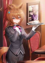 Rule 34 | 1girl, agnes tachyon (umamusume), alternate costume, animal ears, black jacket, black pants, black suit, blush, bow, brown eyes, brown hair, butler, chair, commentary request, drawing (object), formal, gloves, hair between eyes, highres, horse ears, horse girl, horse tail, jacket, looking at viewer, motsushi, pants, picture frame, purple bow, raised eyebrow, short hair, smile, solo, standing, suit, tail, umamusume, white gloves