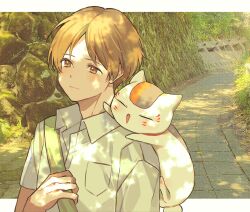 Rule 34 | 1boy, blonde hair, breast pocket, brown eyes, closed mouth, collared shirt, commentary request, highres, kinomi 3030, madara (natsume yuujinchou), male focus, natsume takashi, natsume yuujinchou, on shoulder, open mouth, outdoors, parted bangs, pocket, shirt, short hair, short sleeves, upper body, white shirt