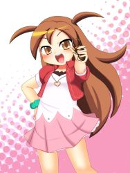 Rule 34 | 1girl, arm scrunchie, beetle, blush, brown eyes, brown hair, bug, child, collarbone, cowboy shot, dress, flat chest, heart, heart necklace, highres, holding, holding insect, insect, jacket, jewelry, kagami tina, long hair, looking at viewer, miyanii (myanie), mushiking, necklace, polka dot, polka dot background, round teeth, scrunchie, standing, teeth, white background